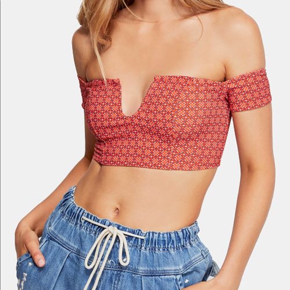Free People Red Off-The-Shoulder Crop Top